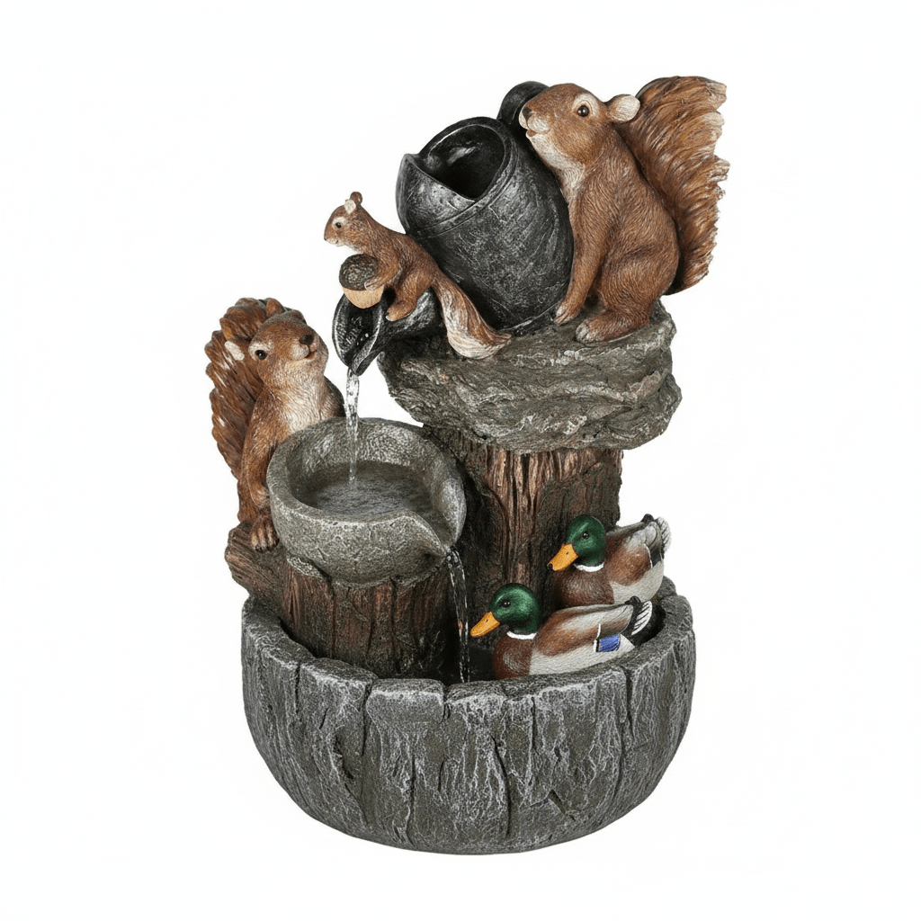 Fontaine Solaire Animaux Résine – Canard & Écureuil LED Jardin - Vent de Lumière