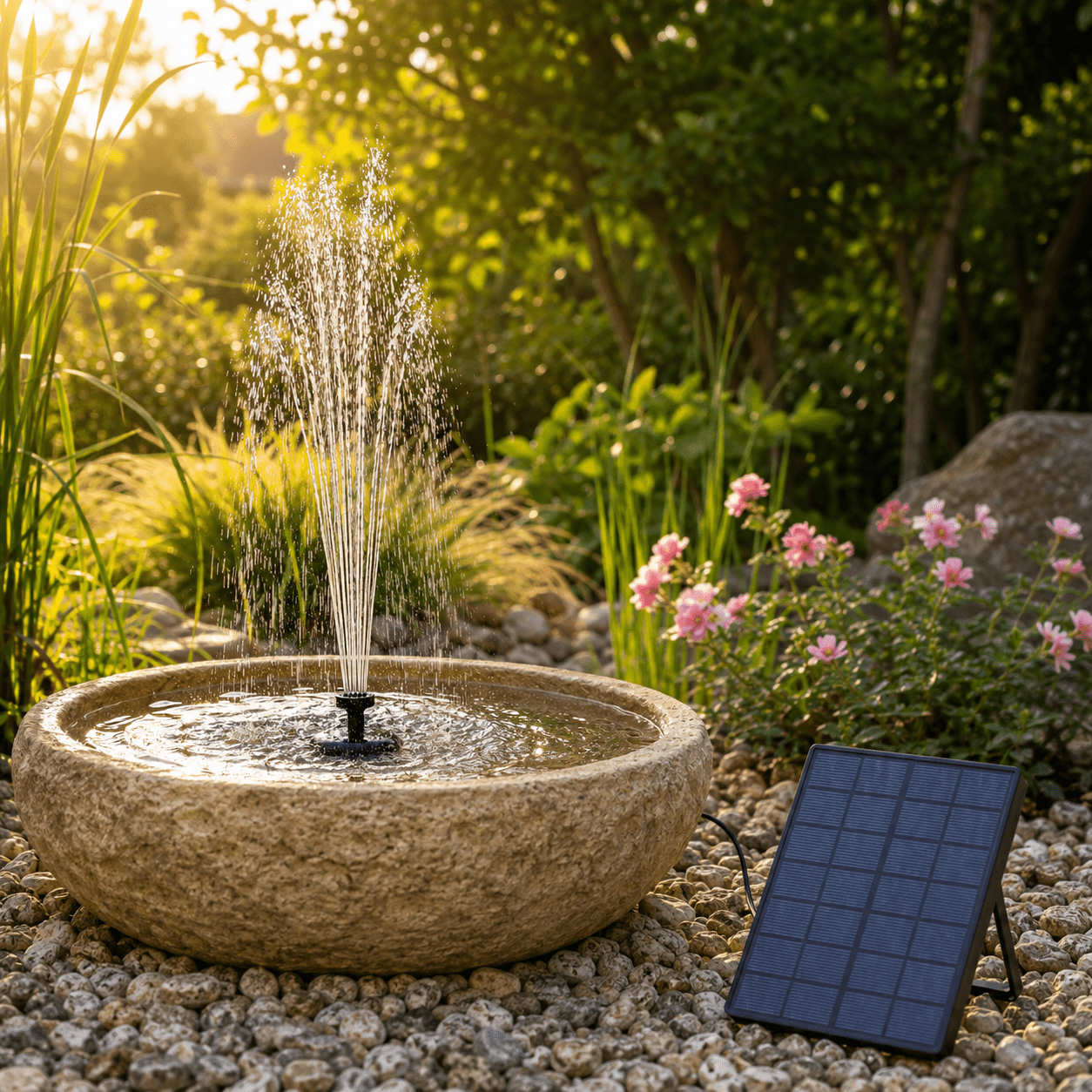 Fontaine Solaire avec Panneau Déporté – Jet d'Eau pour Bassin & Jardin - Vent de Lumière