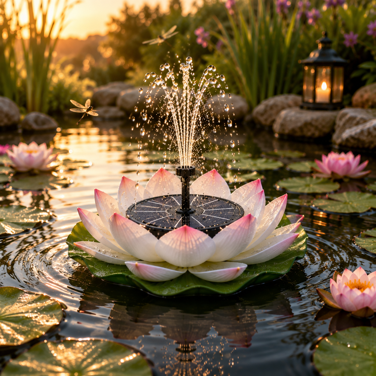 Fontaine Solaire Lotus Flottante – Bassin, Étang & Jardin - Vent de Lumière