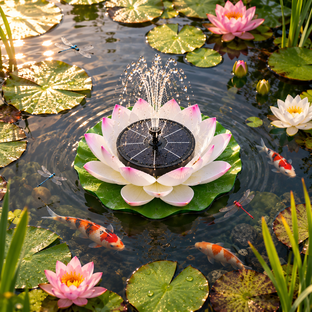 Fontaine Solaire Lotus Flottante – Bassin, Étang & Jardin - Vent de Lumière
